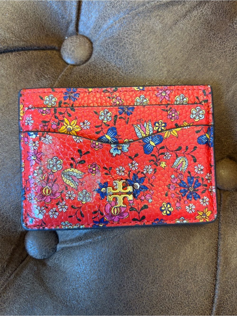 Tory Burch Red Floral Logo Slim Card Holder Wallet - Picture 2 of 5